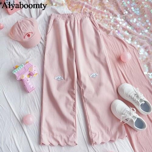 Japanese Lolita Style Spring Autumn Women Capris High Waist Pink Apricot Black Cotton Pants Cute Kawaii Sweet Wide Leg Trousers