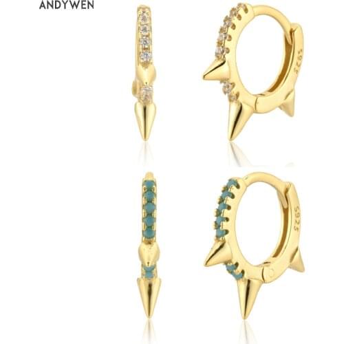 ANDYWEN 925 Sterling Silver 7.3mm Spike Pave Huggie Earrings Mini Hoops Women Crystal Luxury Circle Ring Loops Jewelry
