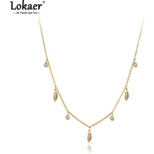 Lokaer Titanium Stainless Steel Feather Charm Pendant Necklace Jewelry Fashion Bohemia CZ Crystal Necklace For Women N21135