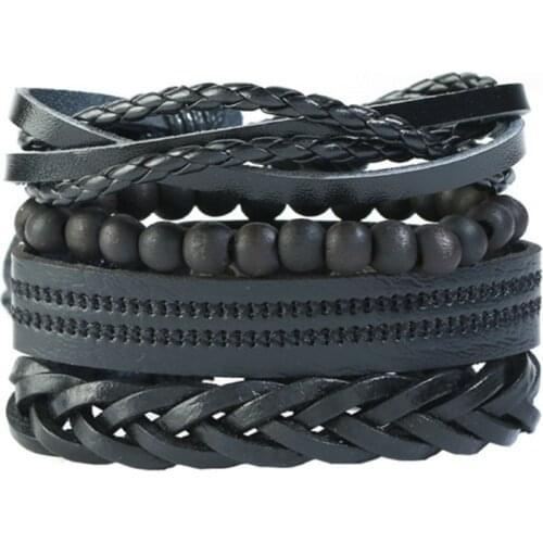 Genuine Leather Braided Bracelet Bangle for Men Vintage Punk Leather Bracelets Male Handmade Multilayer Bracelet Set 4pcs/Set