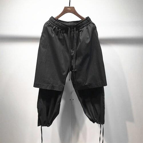 Summer large dark knee breaking solid color slightly broken Harlan pants mens Yamamoto style street work clothes Leggings trend