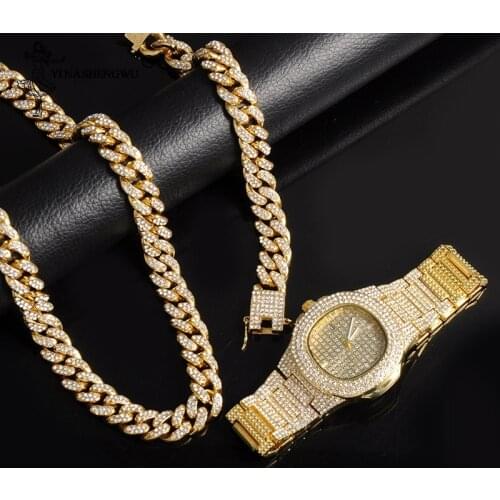 Mens Watches Top Brand Luxury Iced Out Gold Watch+Necklace+Bracelet Stainless Steel Business Wristwatch Men Hip Hop Jewelry