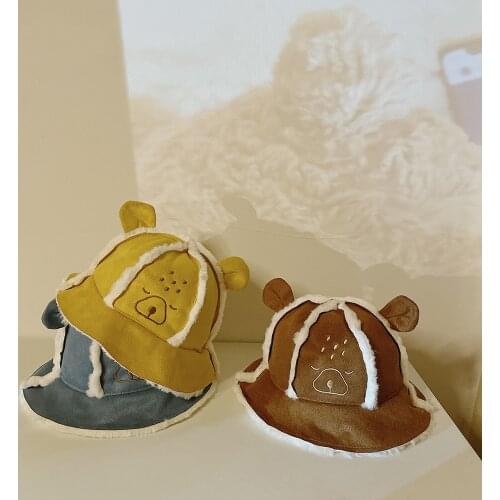 Children Kids Hat Autumn Winter Cap Cartoon Bear Baby Fisherman Caps Suede Warm Ear Protection Boy Girl Bucket Hats 1-2-3 Years