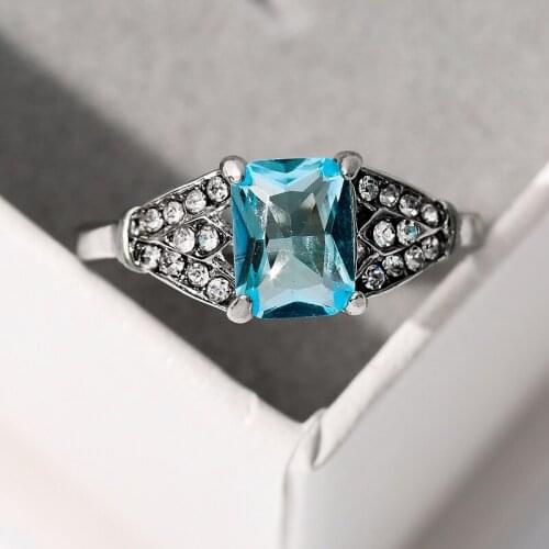 Elegant Womens Blue Square Zircon Ring Fashion Silver Plated Engagement Ring Party Bride Wedding Ring Jewelry Size 6-10