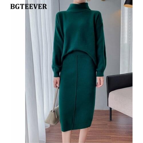 BGTEEVER Elegant Women Thicken Warm Loose 2 Pieces Knitted Set Turtleneck Long Sleeve Sweaters & Pencil Midi Skirts 2021 Autumn