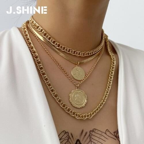 JShine Punk Portrait Coin Pendant Necklace For Women Cuban Multilayered Chunky Thick Chain Choker Necklaces Gothtic Jewelry