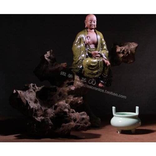 Collection of 10 inch Ksitigarbha Buddha Dehua tea dust glaze ceramic handicraft decoration wood base