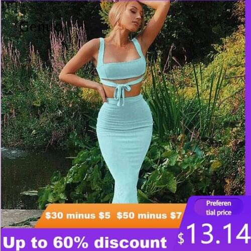 Women Ribbed Knit Two Piece Set Long Skirt Crop Tank Top Sexy Elegant Festival Matching Co Ord Clothes Party Summer Outfits
