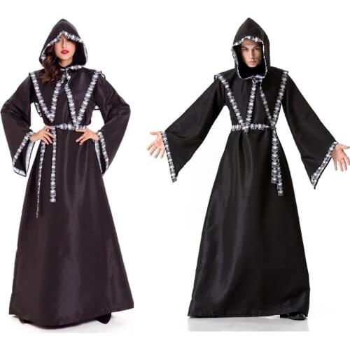 Halloween Medieval Gothic Witch Costume Hooded Dress Adult Women Men Carnival Vampire Cosplay Long Dress Outfit