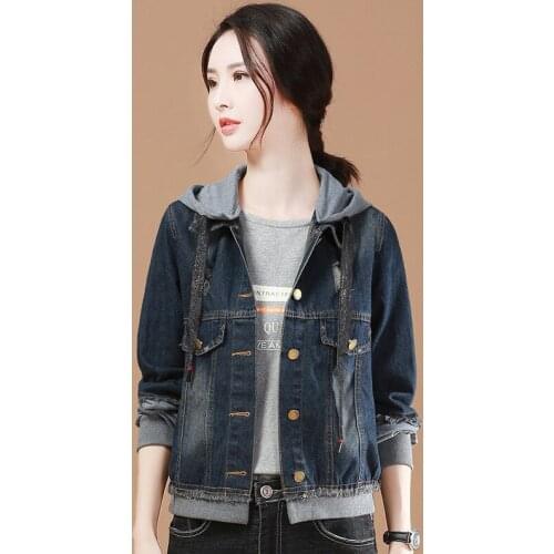 2020 Womens Denim Jacket Hooded Vintage Jeans Jacket Women Korean Embroidery Casual Coat Veste Jean Femme D883C KJ2568