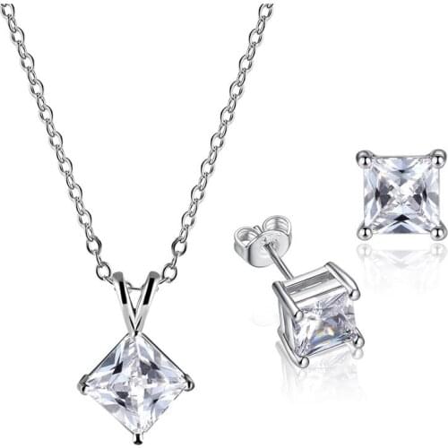Square shape white color setting cubic zirconia necklace earrings sets party Jewelry sets for women