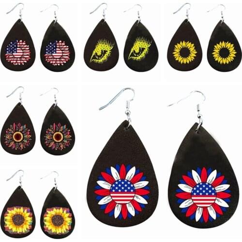 New ! Double Imprint Teardrop Earrings Fashion 4Th of July Earrings With Sunflower Print Usa Flag Earrings