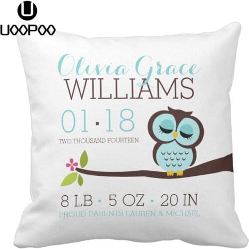 Personalized Cute Owl Baby Birth Announcement Throw Pillow Cover Soft Polyester Home Decorative Cushion Cover for Baby Room