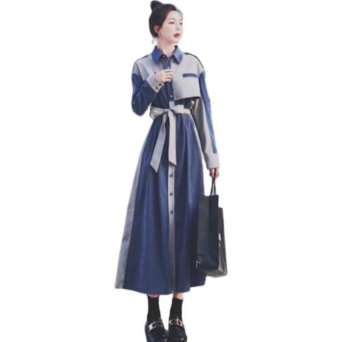 French Platycodon Long Sleeve Shirt Dress Womens Spring And Autumn New Fashion Show Thin Velvet Dress Splicing Color Be