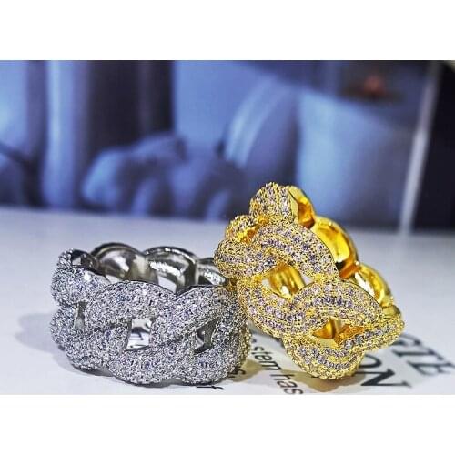 Luxury Cuban Chain Ring AAAA Zircon Shiny Hip Hop Trendy Men and Women Couple Ring 925 Silver Jewelry Engagement Ring