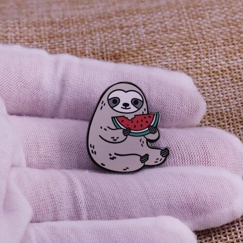 Cute Sloth Eating The Fruit Watermelon Enamel Pin Funny Lovely Lazy slow Animal Brooch For Lapel Scarf Badge