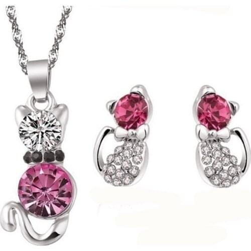 Wedding Jewelry Set 3 Pcs/Set Cute Cat Shaped Faux Zircon Crystal Pendant Necklace Earrings Party Wedding Jewelry