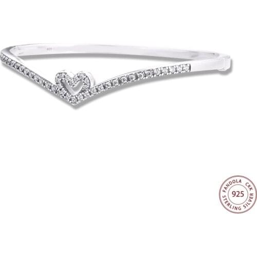 Sparkling Wishbone Heart Bangles for Women Original 925 Sterling Silver Clear CZ Bracelet & Bangles Fine Jewelry Gift 2021 New