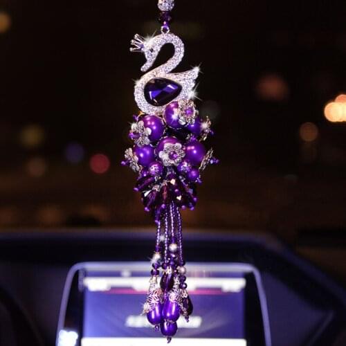 Car Rear View Mirror Charm Crystal Bling Swan Hanging Ornament Rhinestone Decoration Crystal Diamond Swan Pearl Charm Pendant