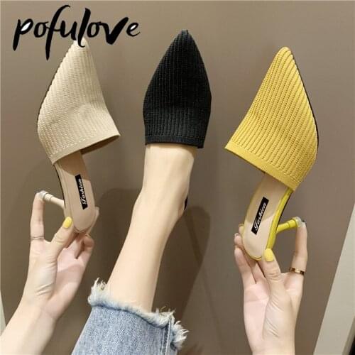 Pofulove 6cm High Heel Slippers Women Thin Heels Sexy Fashion Design Knitt Upper Pointed Toe Summer Shoes Roman Sliders Sandals
