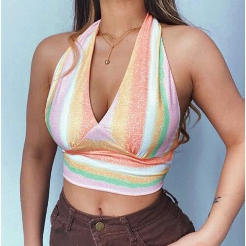 Colorful Striped Backless Crop Top Sexy Boob Wrap Halter Cami Beach Style Women Summer Sleeveless Deep V-neck Mini Vest Tank