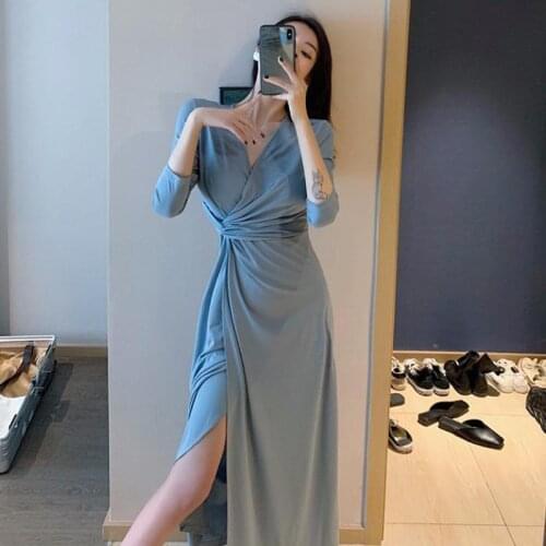 Bella philosophy 2020 Spring Women Elegant Solid V-neck Dress Lady Casual Three Quarter Dress Female High Waist long Vestidos