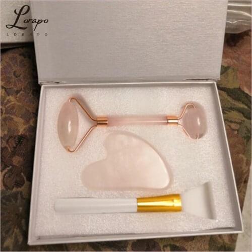 Three-piece Natural Jade Facial Massager Rose Quartz Roller Facial Lifting Massage Roller Slimming Jade Scraping Skin Care Tool
