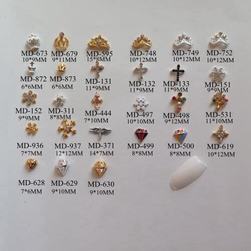 3D 10pcs/bag Different Metal Crown Cross Snowflake Diamond Deco Nail Decoration Metal Shinny Deco