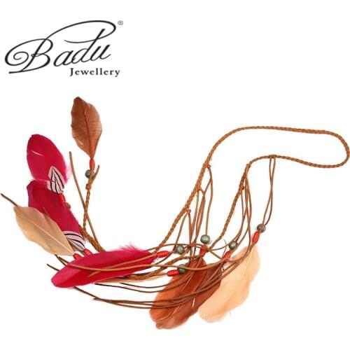 Badu Women Retro Feather Necklace With Colorful Beads Long Spike Pendant Rope Rope Dress Classic Temperament Gift Girlfriend