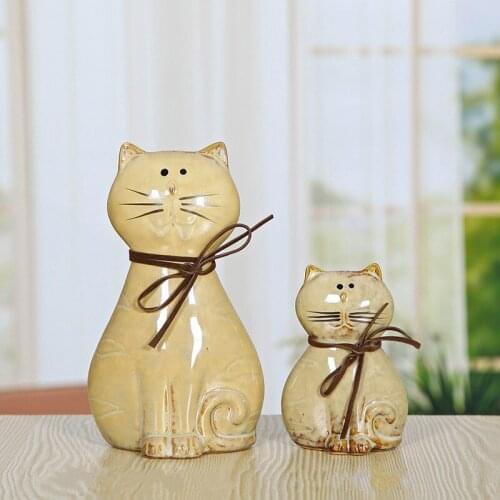 2PCS Home decor ceramic crafts Kiln changed single - colored glazed porcelain mother cat and baby cat
