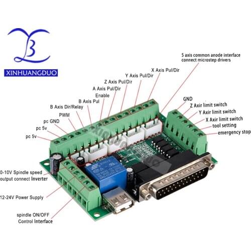 MACH3 Engraving machine 5 Axis cnc Breakout Board With Optical Coupler For Stepper Motor drive controller USB and parallel cable