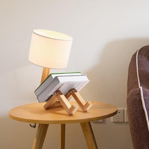 Nordic Robot Wood Table Lamps for Living Room Solid Wooden Fabric Lampshade Desk Lamp Bedroom Bedside Nightstand Light Fixtures