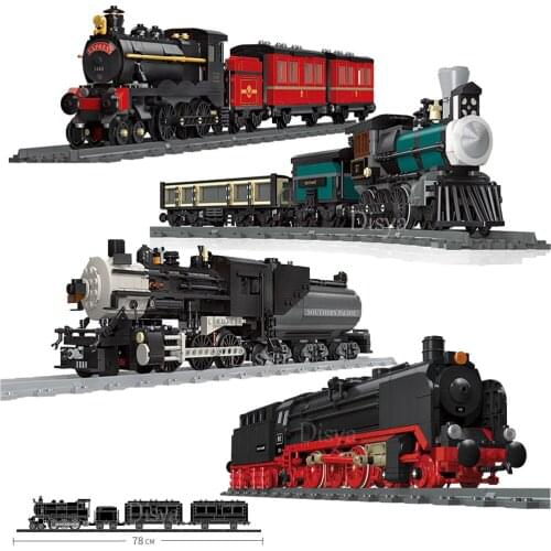 NEW Railway Classic Steam Locomotive Train Railways Railroad Track Kits Building Blocks Simulation Model Bricks Kids Toy Gift