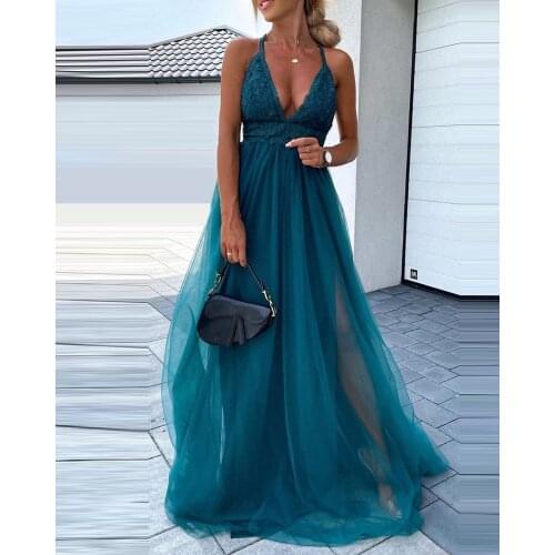 2021 New Summer Women Crisscross Backless Lace Patch Mesh Prom Dress