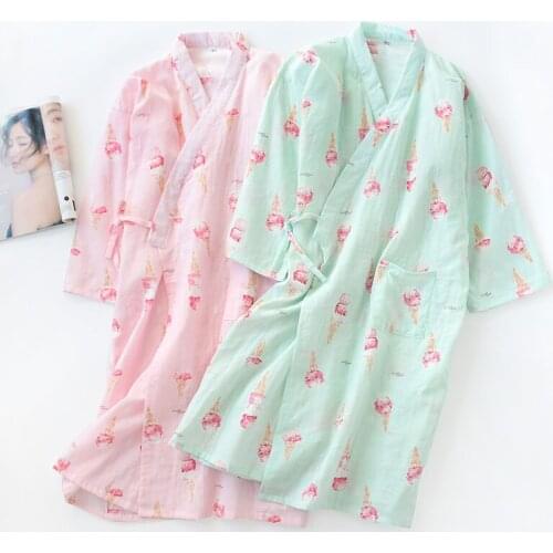 Spring/summer Ladies Pajamas Pure Cotton Gauze Nightgown Thin Soft Japanese Kimono Womens Robe Loose SPA Bathrobe Female Summer