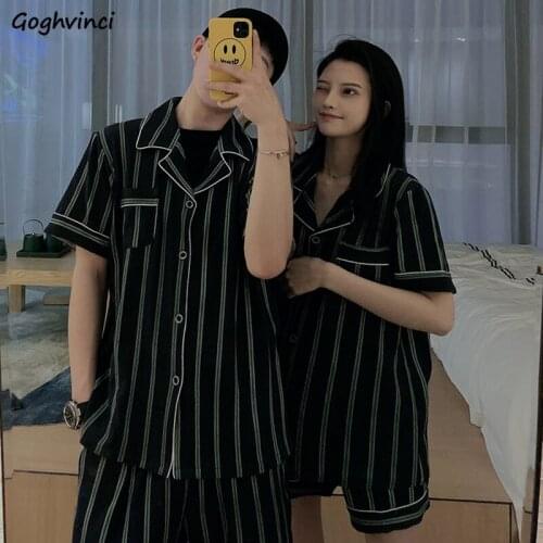Pajama Sets Women Unisex All-match Couple Sleepwear Boyfriends Vintage Lounge Japanese Striped Thin Summer Students Homewear
