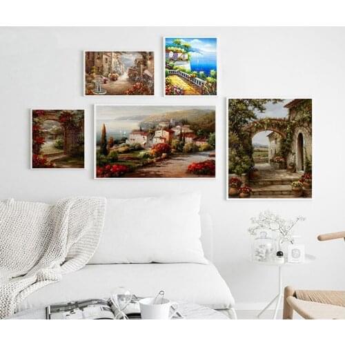 Poster and Prints Abstract Mediterranean Sea Garden Landscape Oil Painting on Canvas Wall Picture for Living Room Decor