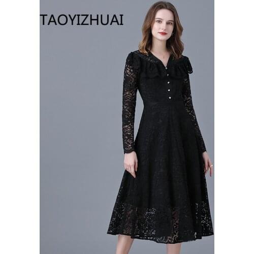 Plus Size black lace dress spring and autumn new French retro waist show thin temperament A-line skirt