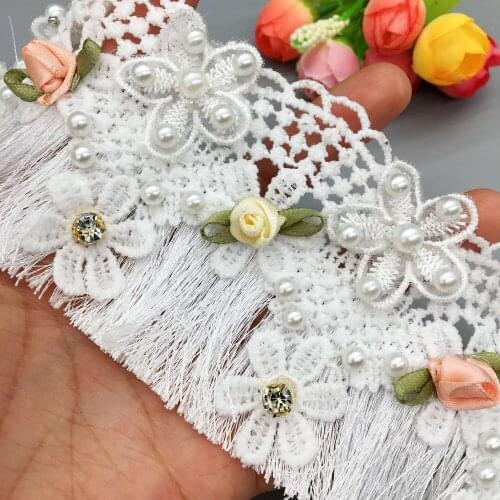 5X Cotton 3D Pearl Flower Tassel Embroidered Lace Trim Ribbon Applique Patches Wedding Dress French Fabric Sewing Craft