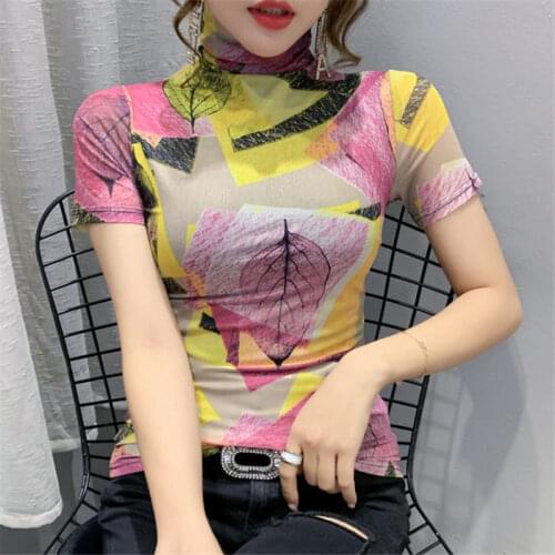 Mesh T-shirt womens short sleeve 2021 new high collar bottoming shirt wear autumn clothes tight slim coat