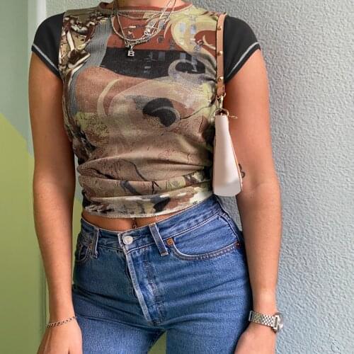 2000s Retro Tie Dye Graphic Print T-shirt E-girl Gothic Women Short Sleeve Slim Fit Crop Top Female Summer Basic Sweats Tee