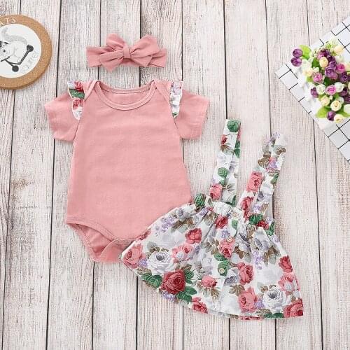 2020 Summer Baby Girl Clothes Set Pink Ruffles Rompers+Floral Overalls Dress Headband Outfits 3PCS Baby Summer Clothing 0-24M