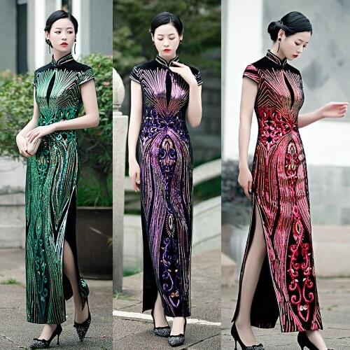2020 New Fashion Sequins Cheongsam Embroidered High-slit China Formal Evening Dress For Women Short-Sleeve Long Cheongsam