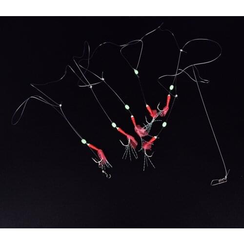 6 Pcs Red Sabiki Tackle Rigs Saltwater Sea Fishing Lure Trolling Hook Bait w/ Fluorocarbon Leader Fishing Gear #8 10 12 14 16