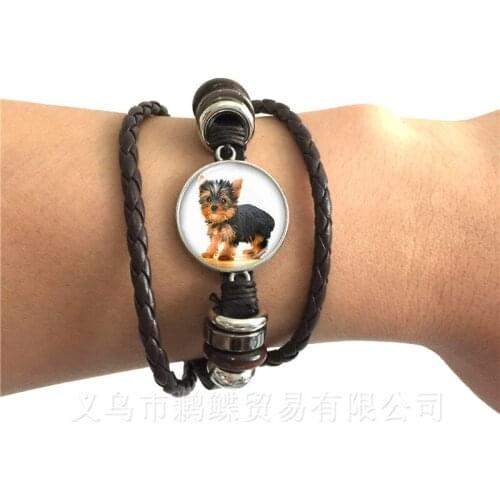 Agile Dog Bracelet French Bulldog Cocker Spaniel Look Like Cute Cuddly Black/Brown Leather Bangle Glass Dome Men Women Jewelry