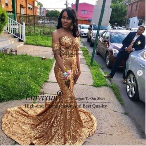Sparkly Black Girls Mermaid Prom Dresses New 2021 Long Off The Shoulder Sweep train Sweetheart Gold Sequins Formal Evening Dress