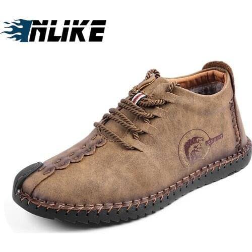 INLIKE Big Size Warm Winter Men Boots High Quality Split Leather Snow Boots Casual Men Shoes Plush Fashion Rubber Ankle boots