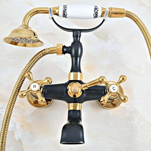 Black Gold Color Brass Wall Mount Bathroom Tub Faucet Dual Cross Handles Telephone Style Hand Shower Clawfoot Tub Filler ana457