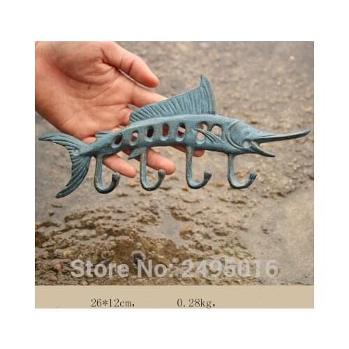 Cast Iron Crafts Decoration Blue Marlin Fish with 4 Hooks for Coat Caps and Keys Storage 10" Long