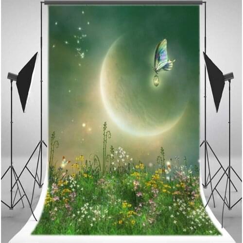 Photography Backdrop Dreamy World Fairy Tale Butterfly Blooming Flowers Bokeh Glitter Elf Moon Night Princess